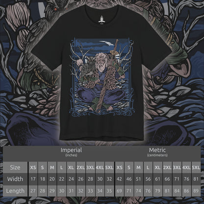 Size chart of a T-Shirt artwork depicting Owl Father meditating beneath ancient trees in a secluded forest at midnight, his large owl resting calmly beside him. Moonlight illuminates the Great Shinobi's weathered armor while mist drifts across the forest floor. The composition contrasts Owl's fearsome reputation with a rare moment of stillness, emphasizing his bond with his owl and the mysterious life of a shinobi.