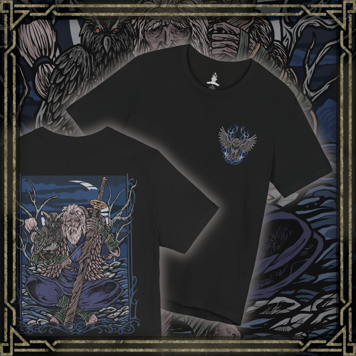 Thumbnail of a T-Shirt artwork depicting Owl Father meditating beneath ancient trees in a secluded forest at midnight, his large owl resting calmly beside him. Moonlight illuminates the Great Shinobi's weathered armor while mist drifts across the forest floor. The composition contrasts Owl's fearsome reputation with a rare moment of stillness, emphasizing his bond with his owl and the mysterious life of a shinobi.