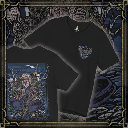 Thumbnail of a T-Shirt artwork depicting Owl Father meditating beneath ancient trees in a secluded forest at midnight, his large owl resting calmly beside him. Moonlight illuminates the Great Shinobi's weathered armor while mist drifts across the forest floor. The composition contrasts Owl's fearsome reputation with a rare moment of stillness, emphasizing his bond with his owl and the mysterious life of a shinobi.