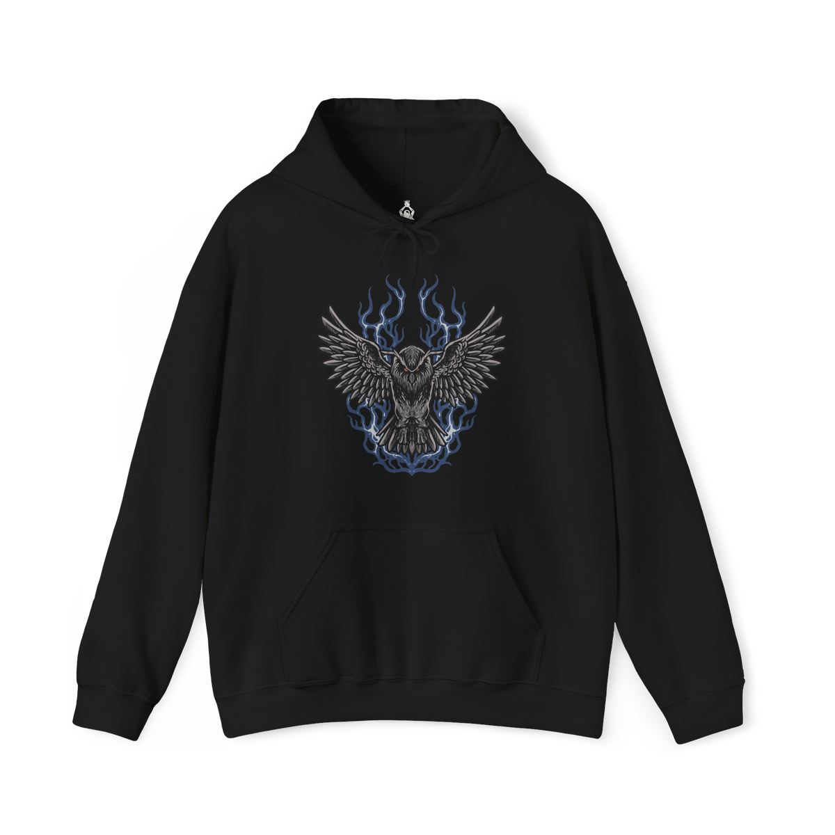 Image 4 of a Hooded Sweatshirt of Owl Father meditating in a secluded forest at midnight, seated beneath enormous ancient trees while his faithful owl rests beside him. Silver moonlight shines through the branches and illuminates Owl's imposing silhouette as mist rolls across the ground. The composition emphasizes solitude, discipline, mystery, and the quiet bond between the Great Shinobi and his owl.