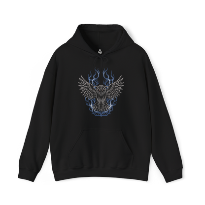 Image 4 of a Hooded Sweatshirt of Owl Father meditating in a secluded forest at midnight, seated beneath enormous ancient trees while his faithful owl rests beside him. Silver moonlight shines through the branches and illuminates Owl's imposing silhouette as mist rolls across the ground. The composition emphasizes solitude, discipline, mystery, and the quiet bond between the Great Shinobi and his owl.