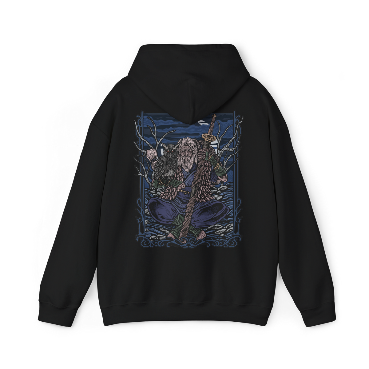 Image 5 of a Hooded Sweatshirt of Owl Father meditating in a secluded forest at midnight, seated beneath enormous ancient trees while his faithful owl rests beside him. Silver moonlight shines through the branches and illuminates Owl's imposing silhouette as mist rolls across the ground. The composition emphasizes solitude, discipline, mystery, and the quiet bond between the Great Shinobi and his owl.