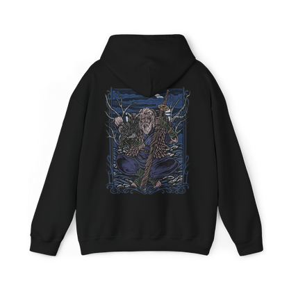 Image 5 of a Hooded Sweatshirt of Owl Father meditating in a secluded forest at midnight, seated beneath enormous ancient trees while his faithful owl rests beside him. Silver moonlight shines through the branches and illuminates Owl's imposing silhouette as mist rolls across the ground. The composition emphasizes solitude, discipline, mystery, and the quiet bond between the Great Shinobi and his owl.