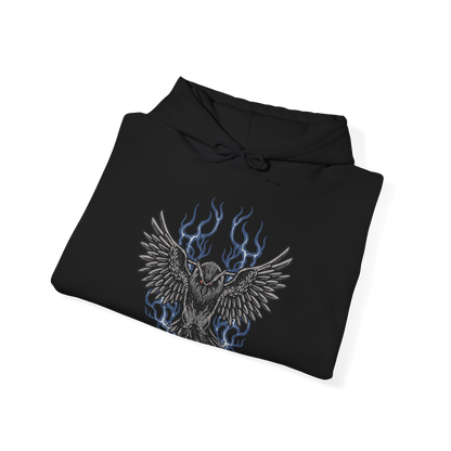 Image 6 of a Hooded Sweatshirt of Owl Father meditating in a secluded forest at midnight, seated beneath enormous ancient trees while his faithful owl rests beside him. Silver moonlight shines through the branches and illuminates Owl's imposing silhouette as mist rolls across the ground. The composition emphasizes solitude, discipline, mystery, and the quiet bond between the Great Shinobi and his owl.