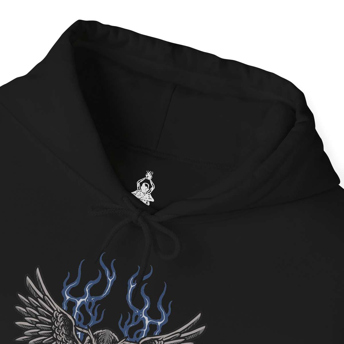 Folded Hooded Sweatshirt of Owl Father meditating in a secluded forest at midnight, seated beneath enormous ancient trees while his faithful owl rests beside him. Silver moonlight shines through the branches and illuminates Owl's imposing silhouette as mist rolls across the ground. The composition emphasizes solitude, discipline, mystery, and the quiet bond between the Great Shinobi and his owl.