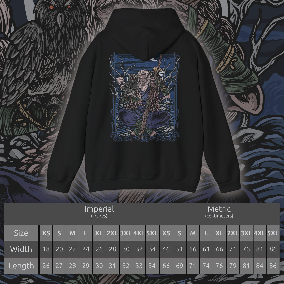 Size chart of a Hooded Sweatshirt of Owl Father meditating in a secluded forest at midnight, seated beneath enormous ancient trees while his faithful owl rests beside him. Silver moonlight shines through the branches and illuminates Owl's imposing silhouette as mist rolls across the ground. The composition emphasizes solitude, discipline, mystery, and the quiet bond between the Great Shinobi and his owl.