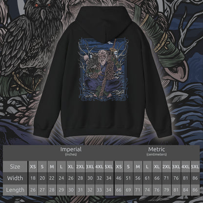 Size chart of a Hooded Sweatshirt of Owl Father meditating in a secluded forest at midnight, seated beneath enormous ancient trees while his faithful owl rests beside him. Silver moonlight shines through the branches and illuminates Owl's imposing silhouette as mist rolls across the ground. The composition emphasizes solitude, discipline, mystery, and the quiet bond between the Great Shinobi and his owl.