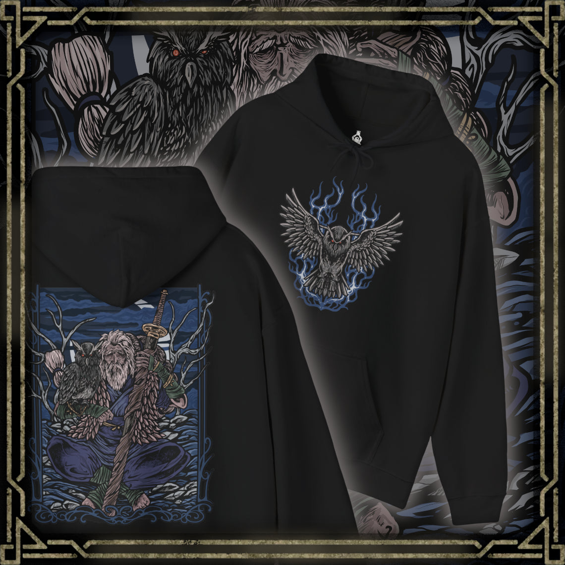 Thumbnail of a Hooded Sweatshirt of Owl Father meditating in a secluded forest at midnight, seated beneath enormous ancient trees while his faithful owl rests beside him. Silver moonlight shines through the branches and illuminates Owl's imposing silhouette as mist rolls across the ground. The composition emphasizes solitude, discipline, mystery, and the quiet bond between the Great Shinobi and his owl.