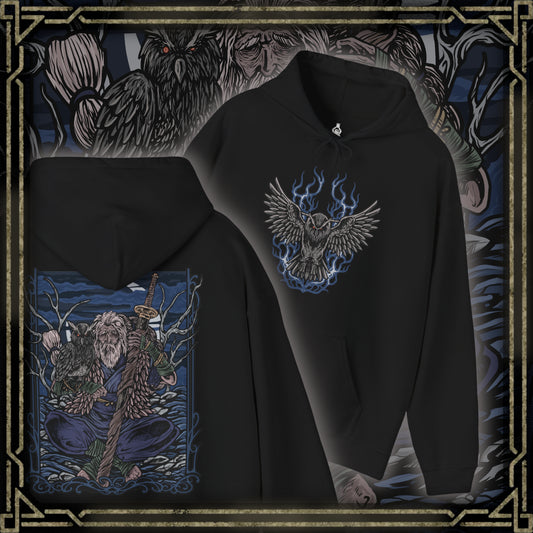 Thumbnail of a Hooded Sweatshirt of Owl Father meditating in a secluded forest at midnight, seated beneath enormous ancient trees while his faithful owl rests beside him. Silver moonlight shines through the branches and illuminates Owl's imposing silhouette as mist rolls across the ground. The composition emphasizes solitude, discipline, mystery, and the quiet bond between the Great Shinobi and his owl.