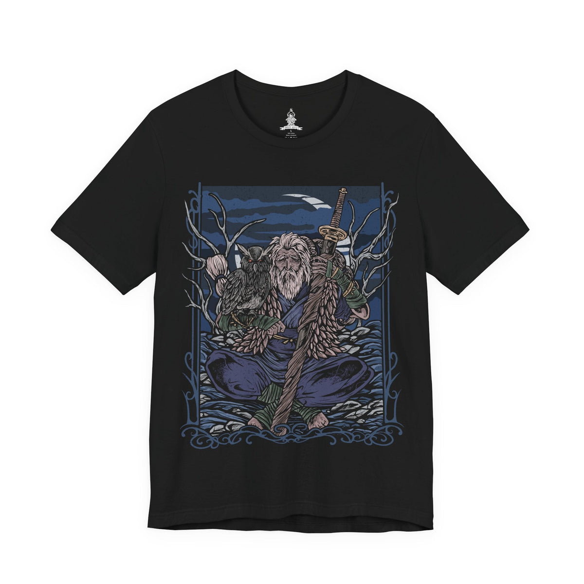 Image 4 of a T-Shirt design of Owl Father from Sekiro: Shadows Die Twice meditating quietly in a moonlit forest at midnight, with his faithful owl perched beside him. Ancient trees and drifting mist surround the imposing Great Shinobi as pale moonlight filters through the branches. The design captures Owl's imposing presence, mysterious nature, and connection to the wild.
