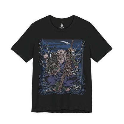 Image 4 of a T-Shirt design of Owl Father from Sekiro: Shadows Die Twice meditating quietly in a moonlit forest at midnight, with his faithful owl perched beside him. Ancient trees and drifting mist surround the imposing Great Shinobi as pale moonlight filters through the branches. The design captures Owl's imposing presence, mysterious nature, and connection to the wild.