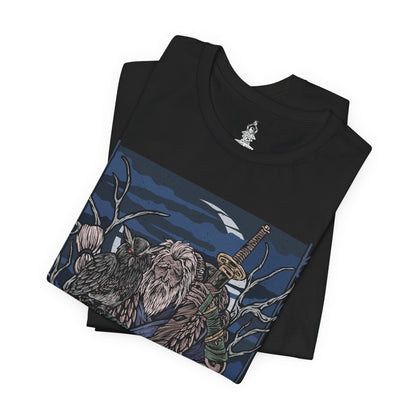 Image 5 of a T-Shirt design of Owl Father from Sekiro: Shadows Die Twice meditating quietly in a moonlit forest at midnight, with his faithful owl perched beside him. Ancient trees and drifting mist surround the imposing Great Shinobi as pale moonlight filters through the branches. The design captures Owl's imposing presence, mysterious nature, and connection to the wild.