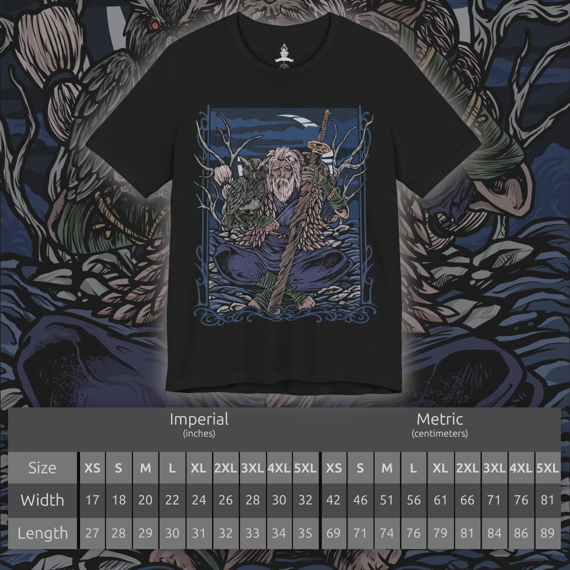 Size chart of a T-Shirt design of Owl Father from Sekiro: Shadows Die Twice meditating quietly in a moonlit forest at midnight, with his faithful owl perched beside him. Ancient trees and drifting mist surround the imposing Great Shinobi as pale moonlight filters through the branches. The design captures Owl's imposing presence, mysterious nature, and connection to the wild.