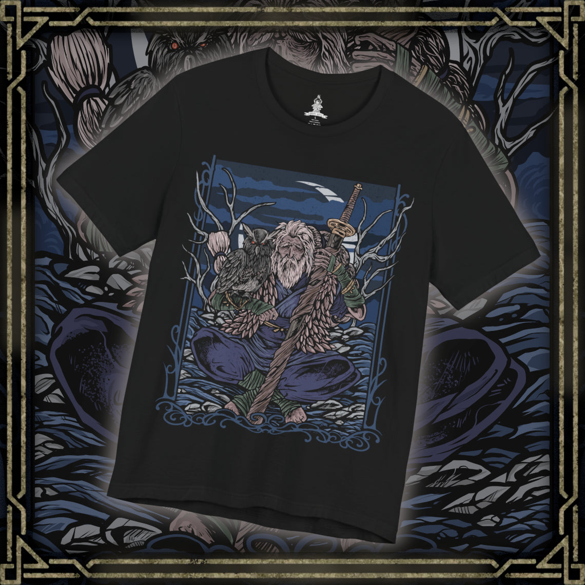 Thumbnail of a T-Shirt design of Owl Father from Sekiro: Shadows Die Twice meditating quietly in a moonlit forest at midnight, with his faithful owl perched beside him. Ancient trees and drifting mist surround the imposing Great Shinobi as pale moonlight filters through the branches. The design captures Owl's imposing presence, mysterious nature, and connection to the wild.