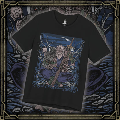 Thumbnail of a T-Shirt design of Owl Father from Sekiro: Shadows Die Twice meditating quietly in a moonlit forest at midnight, with his faithful owl perched beside him. Ancient trees and drifting mist surround the imposing Great Shinobi as pale moonlight filters through the branches. The design captures Owl's imposing presence, mysterious nature, and connection to the wild.