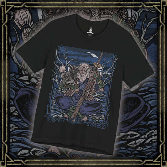 Thumbnail of a T-Shirt design of Owl Father from Sekiro: Shadows Die Twice meditating quietly in a moonlit forest at midnight, with his faithful owl perched beside him. Ancient trees and drifting mist surround the imposing Great Shinobi as pale moonlight filters through the branches. The design captures Owl's imposing presence, mysterious nature, and connection to the wild.