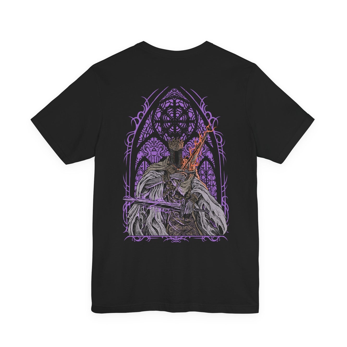 Image 5 of a T-shirt artwork depicting Pontiff Sulyvahn advancing beneath icy chandeliers, his burning blades casting blue and orange light across marble floors and frozen banners. Shadows twist around his towering form as spectral echoes trail his movements. This design reflects his dominance over Irithyll, his manipulation of Aldrich, and the cold ambition that reshaped the fate of Anor Londo.