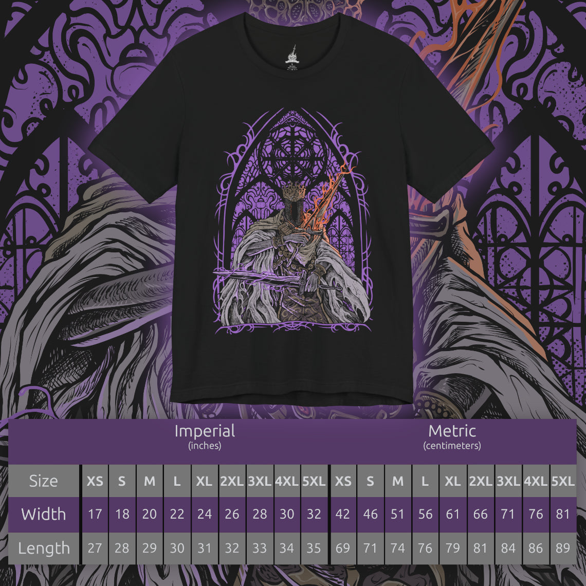 Size chart of a T-shirt artwork depicting Pontiff Sulyvahn advancing beneath icy chandeliers, his burning blades casting blue and orange light across marble floors and frozen banners. Shadows twist around his towering form as spectral echoes trail his movements. This design reflects his dominance over Irithyll, his manipulation of Aldrich, and the cold ambition that reshaped the fate of Anor Londo.