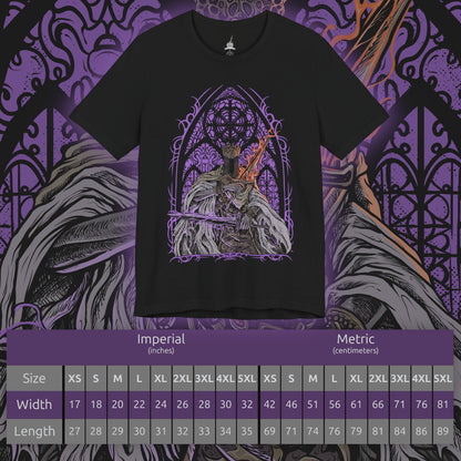 Size chart of a T-shirt artwork depicting Pontiff Sulyvahn advancing beneath icy chandeliers, his burning blades casting blue and orange light across marble floors and frozen banners. Shadows twist around his towering form as spectral echoes trail his movements. This design reflects his dominance over Irithyll, his manipulation of Aldrich, and the cold ambition that reshaped the fate of Anor Londo.