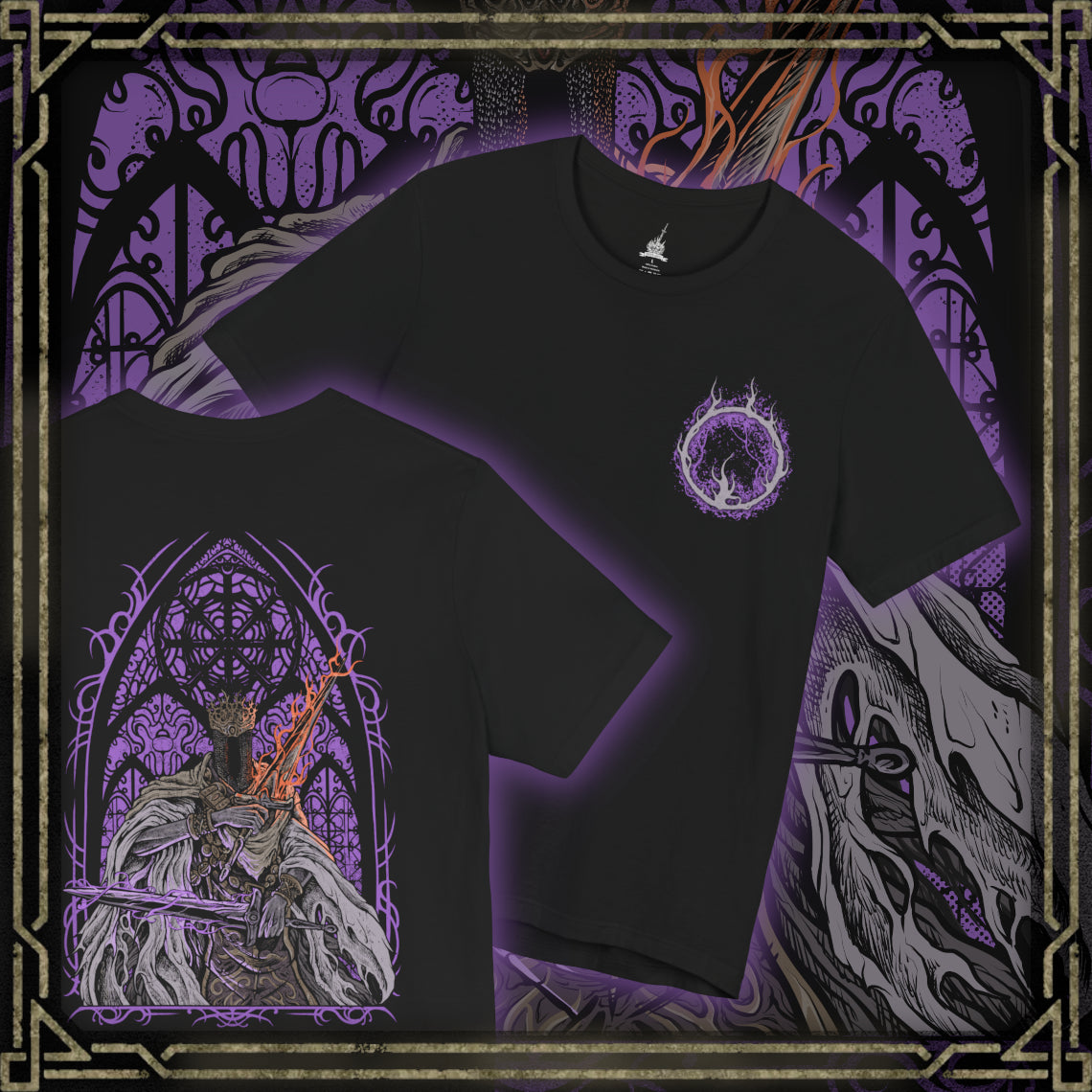 Thumbnail of a T-shirt artwork depicting Pontiff Sulyvahn advancing beneath icy chandeliers, his burning blades casting blue and orange light across marble floors and frozen banners. Shadows twist around his towering form as spectral echoes trail his movements. This design reflects his dominance over Irithyll, his manipulation of Aldrich, and the cold ambition that reshaped the fate of Anor Londo.
