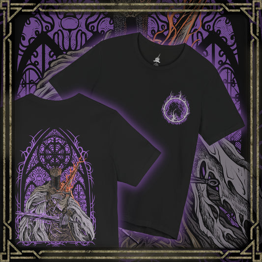 Thumbnail of a T-shirt artwork depicting Pontiff Sulyvahn advancing beneath icy chandeliers, his burning blades casting blue and orange light across marble floors and frozen banners. Shadows twist around his towering form as spectral echoes trail his movements. This design reflects his dominance over Irithyll, his manipulation of Aldrich, and the cold ambition that reshaped the fate of Anor Londo.