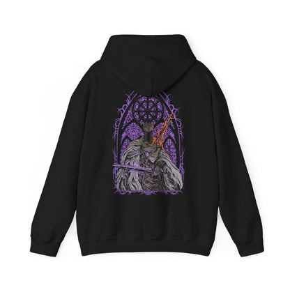 Image 5 of a Hooded Sweatshirt of Pontiff Sulyvahn wielding twin swords of fire and frost inside Irithyll’s cathedral, ghostly afterimages mirroring his movements. Snow drifts through shattered windows while corrupted knights kneel in the background. The composition emphasizes divine usurpation, ruthless ambition, and the chilling authority of Dark Souls III’s most infamous tyrant.