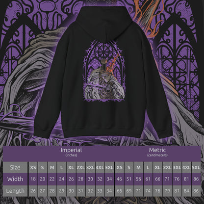 Size chart of a Hooded Sweatshirt of Pontiff Sulyvahn wielding twin swords of fire and frost inside Irithyll’s cathedral, ghostly afterimages mirroring his movements. Snow drifts through shattered windows while corrupted knights kneel in the background. The composition emphasizes divine usurpation, ruthless ambition, and the chilling authority of Dark Souls III’s most infamous tyrant.
