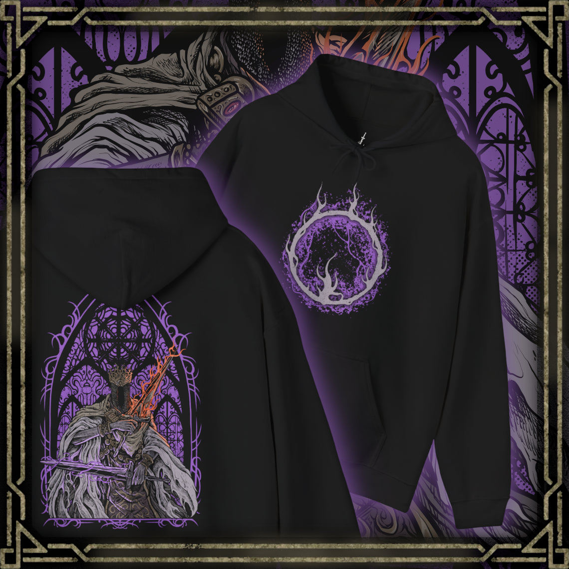 Thumbnail of a Hooded Sweatshirt of Pontiff Sulyvahn wielding twin swords of fire and frost inside Irithyll’s cathedral, ghostly afterimages mirroring his movements. Snow drifts through shattered windows while corrupted knights kneel in the background. The composition emphasizes divine usurpation, ruthless ambition, and the chilling authority of Dark Souls III’s most infamous tyrant.