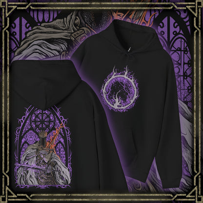 Thumbnail of a Hooded Sweatshirt of Pontiff Sulyvahn wielding twin swords of fire and frost inside Irithyll’s cathedral, ghostly afterimages mirroring his movements. Snow drifts through shattered windows while corrupted knights kneel in the background. The composition emphasizes divine usurpation, ruthless ambition, and the chilling authority of Dark Souls III’s most infamous tyrant.