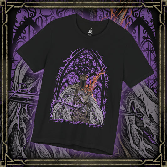 Thumbnail of a T-shirt design of Pontiff Sulyvahn from Dark Souls III, standing within the frozen grandeur of Irithyll of the Boreal Valley. Dual greatswords blaze with profaned flame and frost as cathedral spires loom behind him. The design captures his tyrannical rule, sorcerous origin, and the corruption he spread through gods, knights, and the once-radiant city.