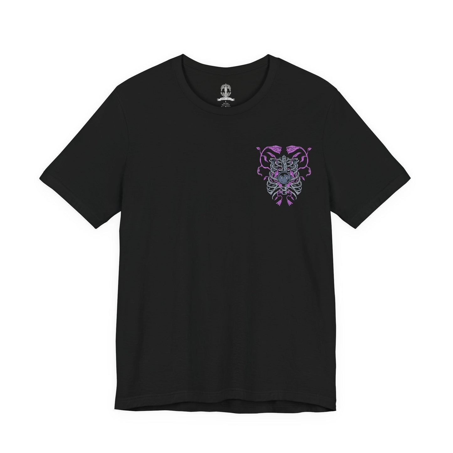 Image 4 of a T-shirt artwork depicting the Putrescent Knight emerging from a violet-hued dreamscape, its skeletal form stitched together by decay and lingering will. As the Guardian of St. Trina, it embodies the blurred boundary between death and sleep, standing watch over a power rejected by the Golden Order. The design emphasizes haunting motion, and the unsettling beauty of eternal rest.