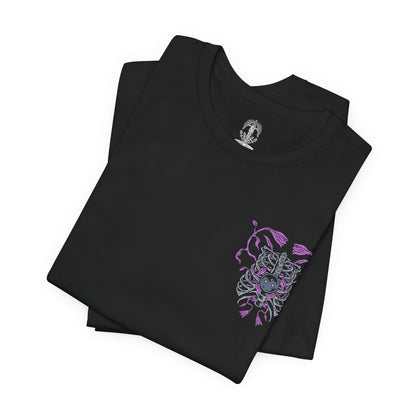 Image 6 of a T-shirt artwork depicting the Putrescent Knight emerging from a violet-hued dreamscape, its skeletal form stitched together by decay and lingering will. As the Guardian of St. Trina, it embodies the blurred boundary between death and sleep, standing watch over a power rejected by the Golden Order. The design emphasizes haunting motion, and the unsettling beauty of eternal rest.