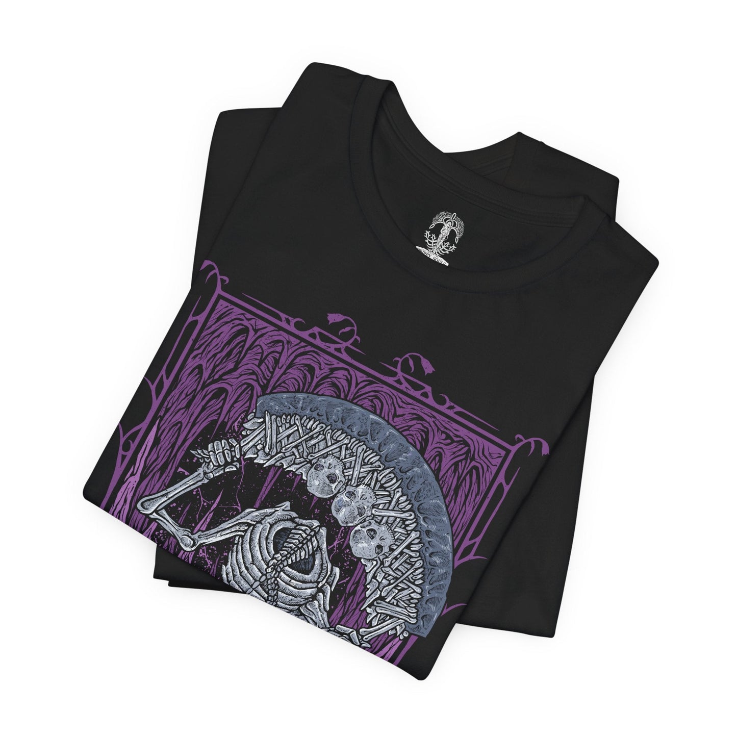 Image 5 of a T-shirt design of the Putrescent Knight from Elden Ring, the grotesque guardian bound to St. Trina and the domain of eternal sleep. Formed from decaying flesh and pale bone, the knight rides across a dreamlike abyss, wielding corrupted blades that drip with rot and slumber. The design captures its role as a sentinel of forbidden dreams, protecting St. Trina’s hidden influence within the Lands Between.