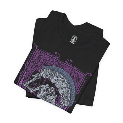 Image 5 of a T-shirt design of the Putrescent Knight from Elden Ring, the grotesque guardian bound to St. Trina and the domain of eternal sleep. Formed from decaying flesh and pale bone, the knight rides across a dreamlike abyss, wielding corrupted blades that drip with rot and slumber. The design captures its role as a sentinel of forbidden dreams, protecting St. Trina’s hidden influence within the Lands Between.