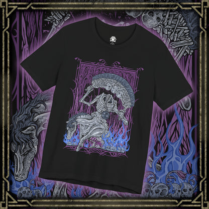 Thumbnail of a T-shirt design of the Putrescent Knight from Elden Ring, the grotesque guardian bound to St. Trina and the domain of eternal sleep. Formed from decaying flesh and pale bone, the knight rides across a dreamlike abyss, wielding corrupted blades that drip with rot and slumber. The design captures its role as a sentinel of forbidden dreams, protecting St. Trina’s hidden influence within the Lands Between.