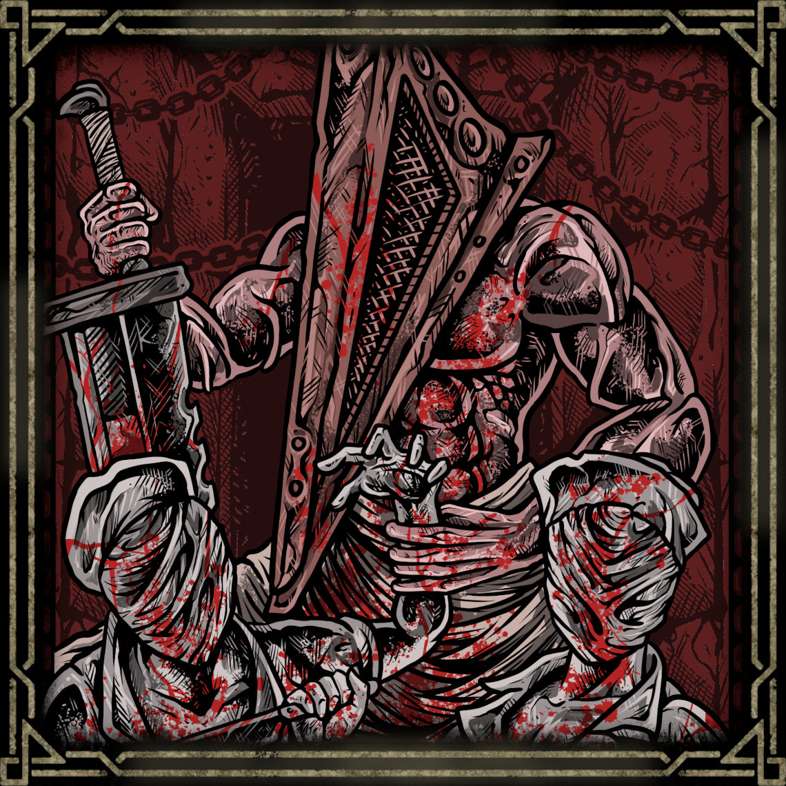 Artwork of Pyramid Head. Pyramid Head and the Bubble Head Nurses are among the most iconic horrors of Silent Hill 2. Pyramid Head, a manifestation of guilt and punishment, stalks relentlessly with his massive blade, while the Nurses embody twisted desire and decay. Together, they represent psychological torment made flesh within Silent Hill’s nightmare.