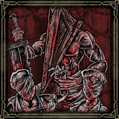 Artwork of Pyramid Head. Pyramid Head and the Bubble Head Nurses are among the most iconic horrors of Silent Hill 2. Pyramid Head, a manifestation of guilt and punishment, stalks relentlessly with his massive blade, while the Nurses embody twisted desire and decay. Together, they represent psychological torment made flesh within Silent Hill’s nightmare.
