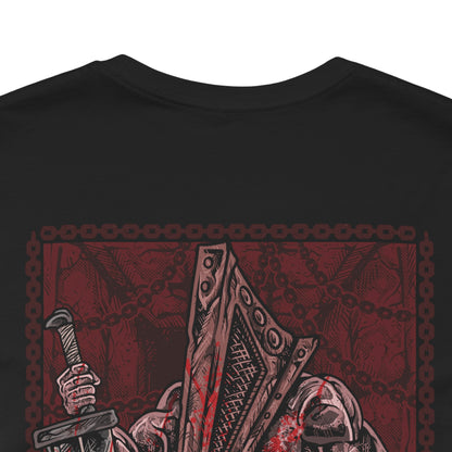 Image 7 of a T-shirt artwork depicting Pyramid Head looming over a group of twisted nurses, their bandaged faces and distorted movements illuminated by a sickly red glow. The environment decays into rust and flesh as reality warps around them. This design reflects themes of repression, fear, and the monstrous forms born from the subconscious in Silent Hill’s nightmare world.