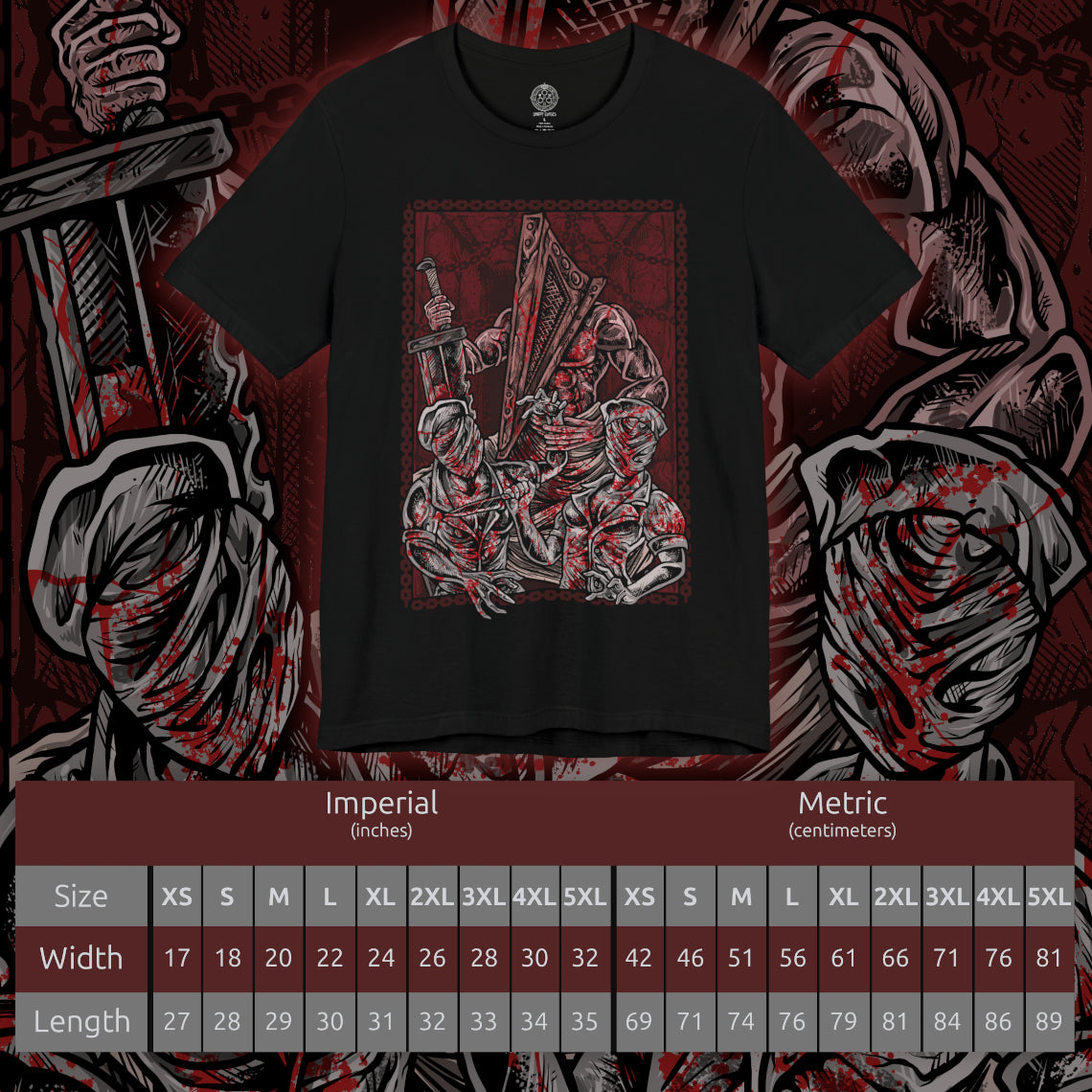 Size chart of a T-shirt artwork depicting Pyramid Head looming over a group of twisted nurses, their bandaged faces and distorted movements illuminated by a sickly red glow. The environment decays into rust and flesh as reality warps around them. This design reflects themes of repression, fear, and the monstrous forms born from the subconscious in Silent Hill’s nightmare world.