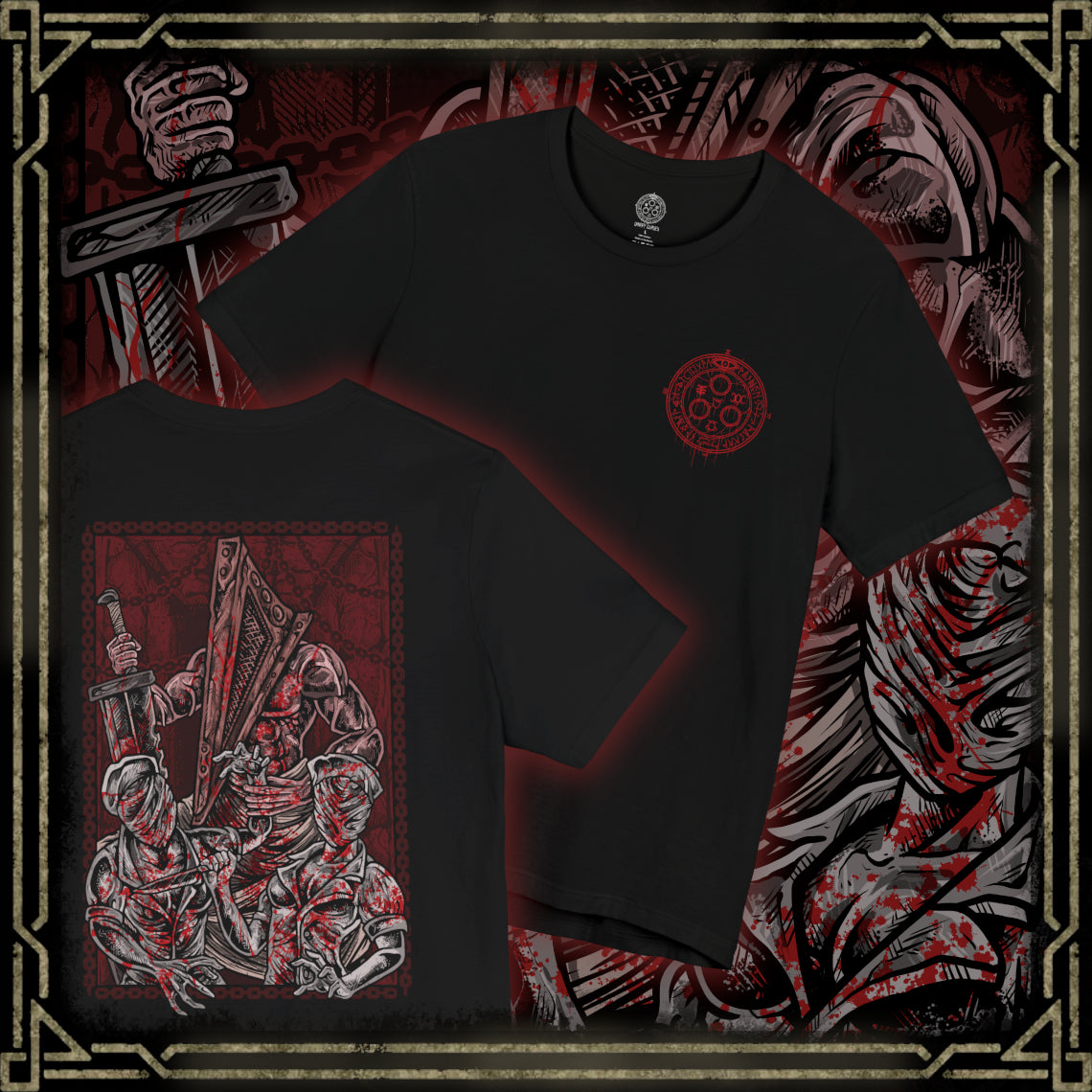 Thumbnail of a T-shirt artwork depicting Pyramid Head looming over a group of twisted nurses, their bandaged faces and distorted movements illuminated by a sickly red glow. The environment decays into rust and flesh as reality warps around them. This design reflects themes of repression, fear, and the monstrous forms born from the subconscious in Silent Hill’s nightmare world.