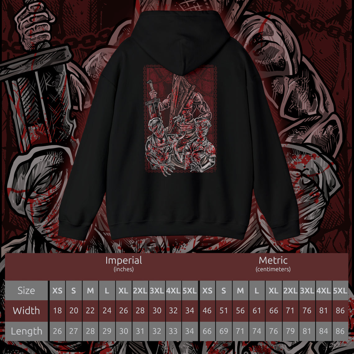 Size chart of a Hooded Sweatshirt of Pyramid Head standing among silent, motionless nurses in a fog-choked hospital hallway, his triangular helm stained and imposing. The nurses’ unnatural postures and blurred forms create an atmosphere of dread and unease. The composition emphasizes psychological horror, symbolism, and the terrifying presence of judgment within Silent Hill’s twisted reality.