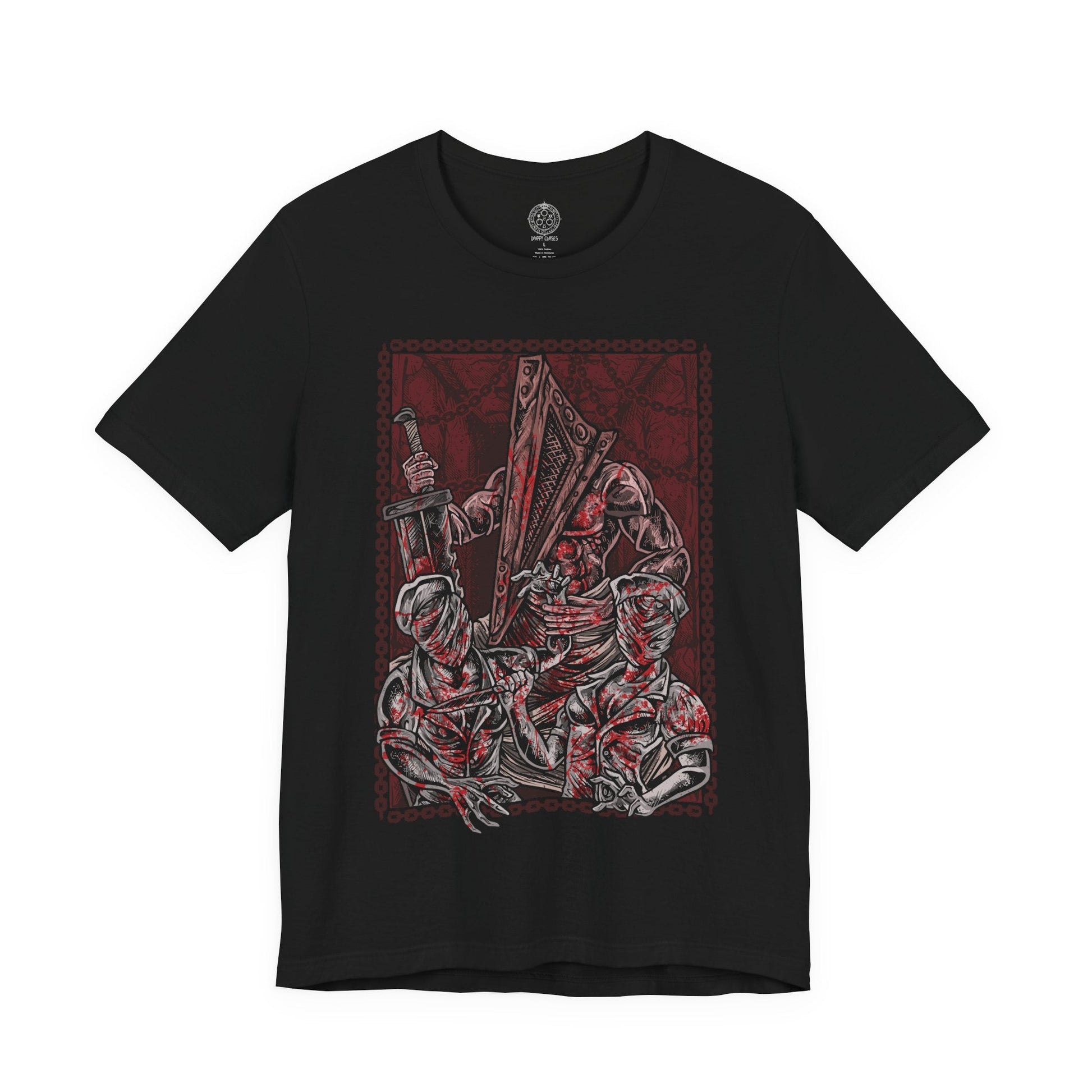 Image 4 of a T-shirt design of Pyramid Head from Silent Hill standing in a dim, rust-stained corridor, dragging his massive blade across the floor as faceless nurses writhe behind him. Flickering lights cast long shadows over peeling walls and blood-soaked tiles. The design captures oppressive guilt, punishment, and the manifestation of inner torment that defines Silent Hill’s psychological horror.