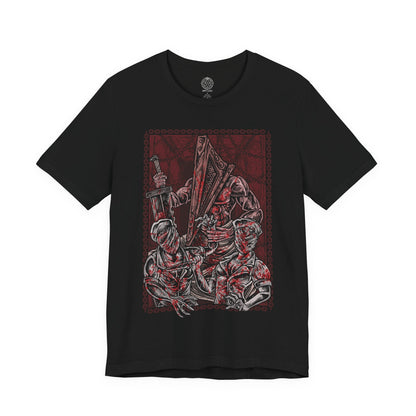 Image 4 of a T-shirt design of Pyramid Head from Silent Hill standing in a dim, rust-stained corridor, dragging his massive blade across the floor as faceless nurses writhe behind him. Flickering lights cast long shadows over peeling walls and blood-soaked tiles. The design captures oppressive guilt, punishment, and the manifestation of inner torment that defines Silent Hill’s psychological horror.