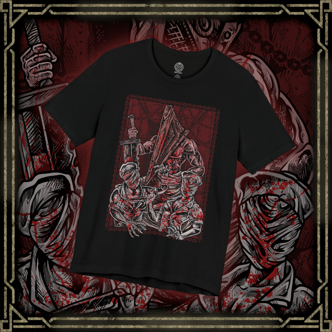 Thumbnail of a T-shirt design of Pyramid Head from Silent Hill standing in a dim, rust-stained corridor, dragging his massive blade across the floor as faceless nurses writhe behind him. Flickering lights cast long shadows over peeling walls and blood-soaked tiles. The design captures oppressive guilt, punishment, and the manifestation of inner torment that defines Silent Hill’s psychological horror.