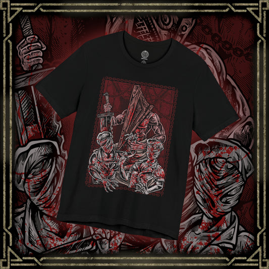 Thumbnail of a T-shirt design of Pyramid Head from Silent Hill standing in a dim, rust-stained corridor, dragging his massive blade across the floor as faceless nurses writhe behind him. Flickering lights cast long shadows over peeling walls and blood-soaked tiles. The design captures oppressive guilt, punishment, and the manifestation of inner torment that defines Silent Hill’s psychological horror.