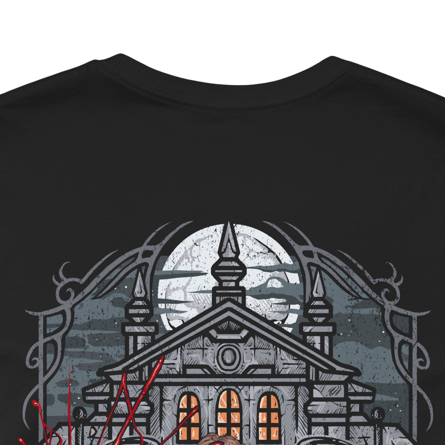 Image 7 of a T-shirt design of Leon S. Kennedy from Resident Evil 2, a young cop fighting off hordes of zombies during the outbreak of Raccoon City, positioned in a tense urban scene. Muzzle flashes light the darkness as the undead advance, capturing a moment of survival driven by instinct, fear, and unwavering resolve.