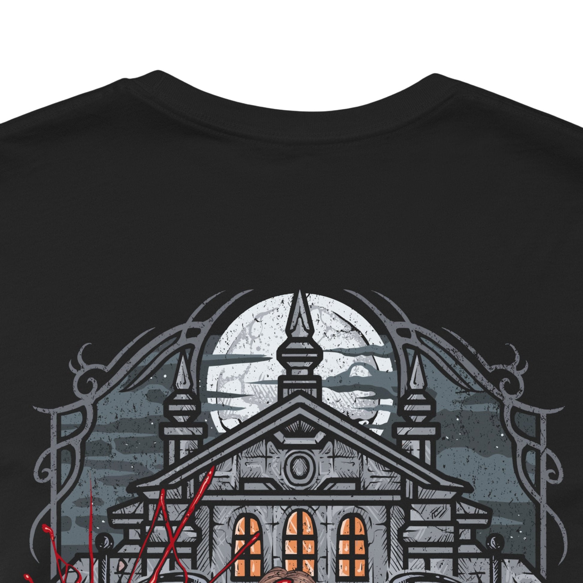 Image 7 of a T-shirt design of Leon S. Kennedy from Resident Evil 2, a young cop fighting off hordes of zombies during the outbreak of Raccoon City, positioned in a tense urban scene. Muzzle flashes light the darkness as the undead advance, capturing a moment of survival driven by instinct, fear, and unwavering resolve.