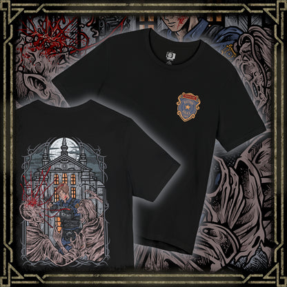 Thumbnail of a T-shirt design of Leon S. Kennedy from Resident Evil 2, a young cop fighting off hordes of zombies during the outbreak of Raccoon City, positioned in a tense urban scene. Muzzle flashes light the darkness as the undead advance, capturing a moment of survival driven by instinct, fear, and unwavering resolve.
