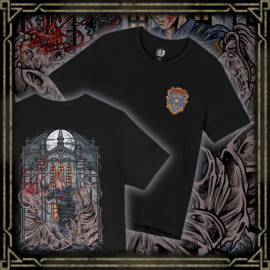 Thumbnail of a T-shirt design of Leon S. Kennedy from Resident Evil 2, a young cop fighting off hordes of zombies during the outbreak of Raccoon City, positioned in a tense urban scene. Muzzle flashes light the darkness as the undead advance, capturing a moment of survival driven by instinct, fear, and unwavering resolve.