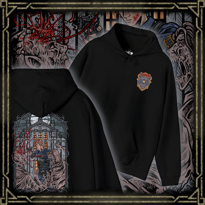 Thumbnail of a Hooded Sweatshirt of Leon S. Kennedy from Resident Evil 2, an inexperienced officer facing a relentless zombie horde, standing amid the destruction of Raccoon City. With weapon raised and enemies closing in, the scene captures a classic survival horror moment fueled by tension, danger, and the will to endure.